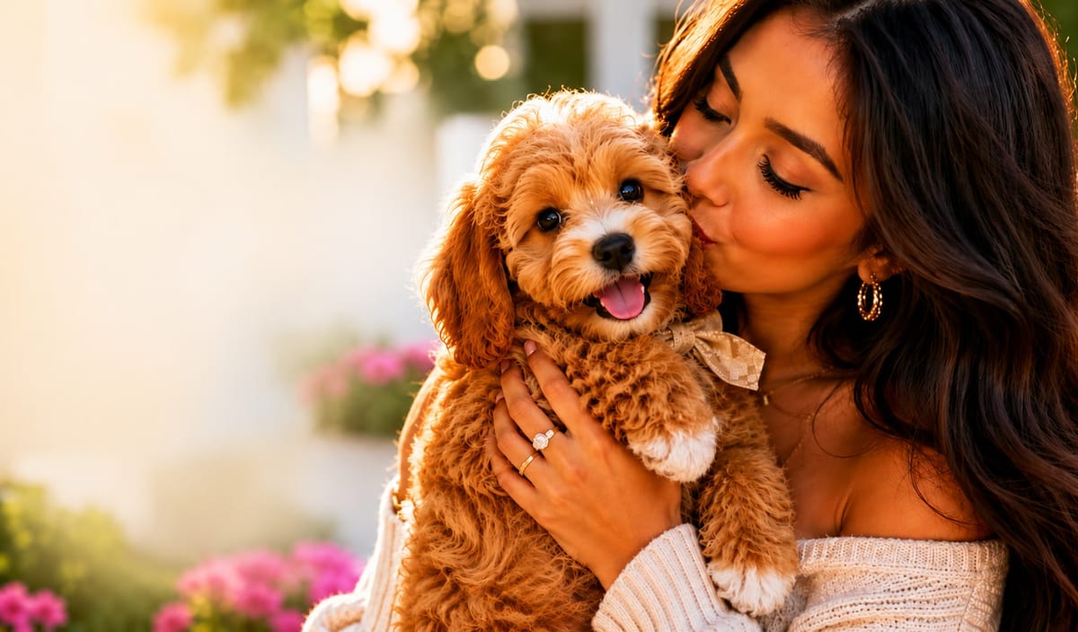 A woman lovingly kisses her golden Cavapoo puppy in a sunlit Houston garden — Perfect Little Puppies