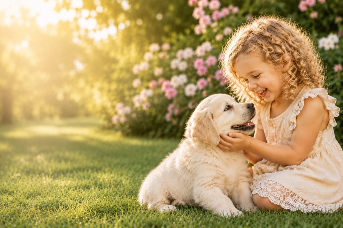 A young girl playing with a white English-cream golden retriever puppy on the grass.