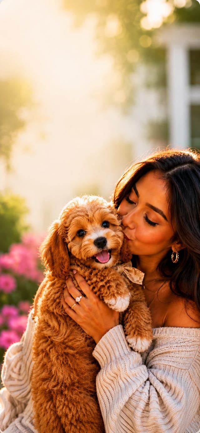 A woman lovingly kisses her golden Cavapoo puppy in a sunlit Houston garden — Perfect Little Puppies