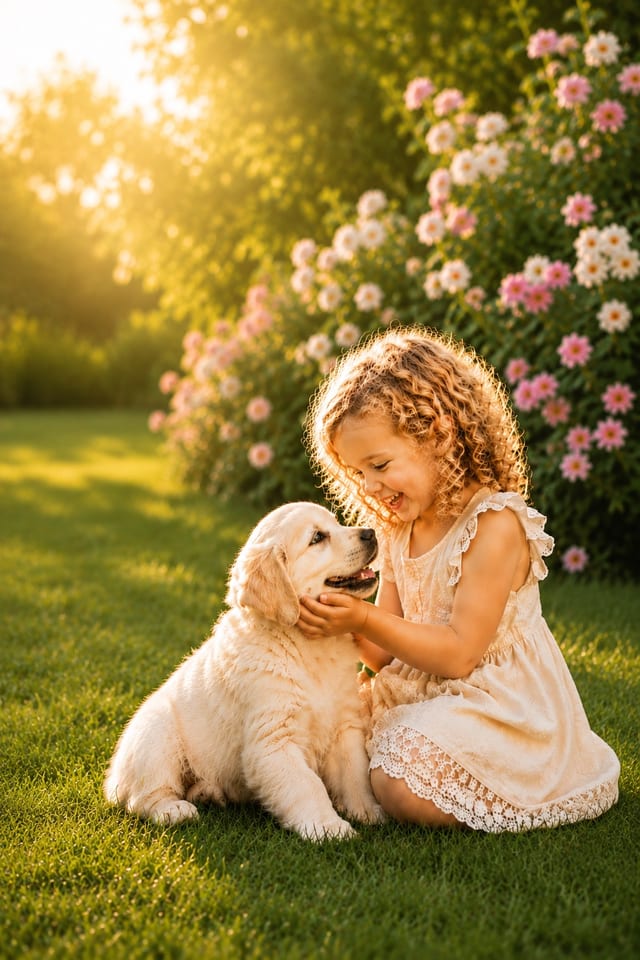 A young girl playing with a white English-cream golden retriever puppy on the grass.
